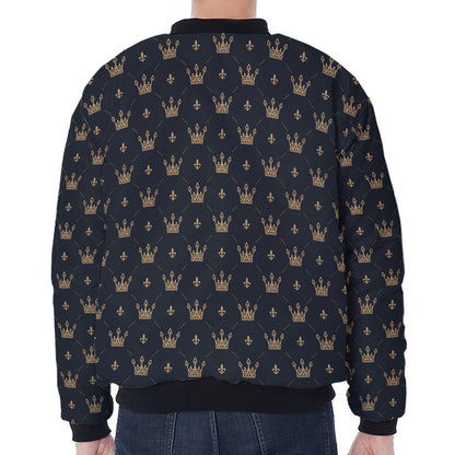 Vintage Crown Pattern Print Zip Sleeve Bomber Jacket