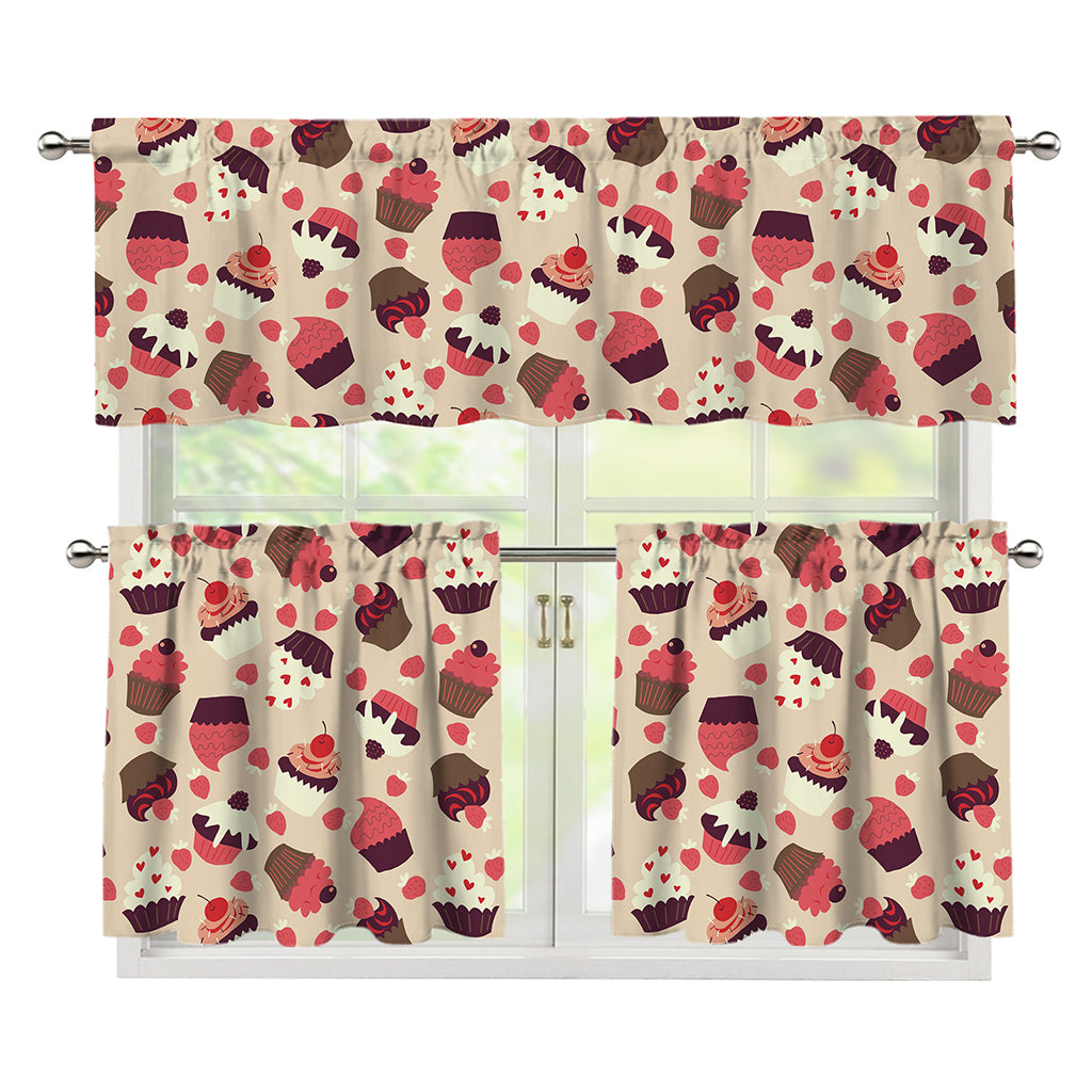 Vintage Cupcake Pattern Print 3 Piece Kitchen Curtains