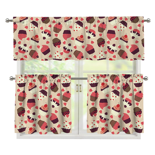 Vintage Cupcake Pattern Print 3 Piece Kitchen Curtains
