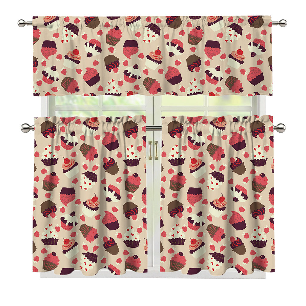 Vintage Cupcake Pattern Print 3 Piece Kitchen Curtains