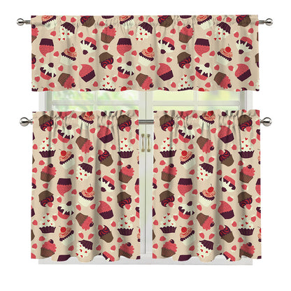 Vintage Cupcake Pattern Print 3 Piece Kitchen Curtains