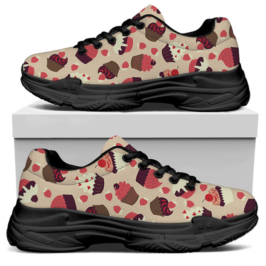 Vintage Cupcake Pattern Print Black Chunky Shoes