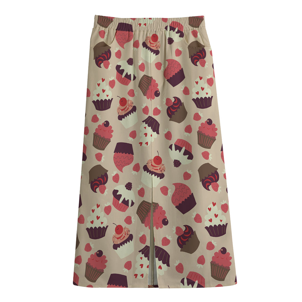 Vintage Cupcake Pattern Print Cotton Front Slit Maxi Skirt