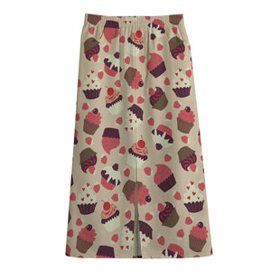 Vintage Cupcake Pattern Print Cotton Front Slit Maxi Skirt