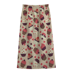 Vintage Cupcake Pattern Print Cotton Front Slit Maxi Skirt