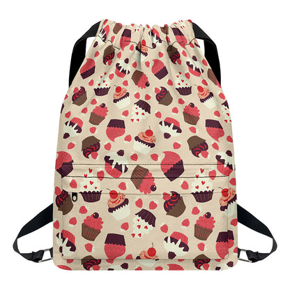Vintage Cupcake Pattern Print Drawstring Backpack