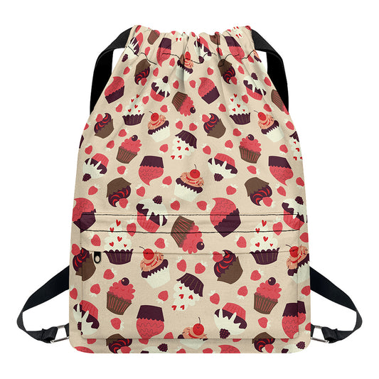 Vintage Cupcake Pattern Print Drawstring Backpack