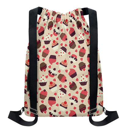 Vintage Cupcake Pattern Print Drawstring Backpack