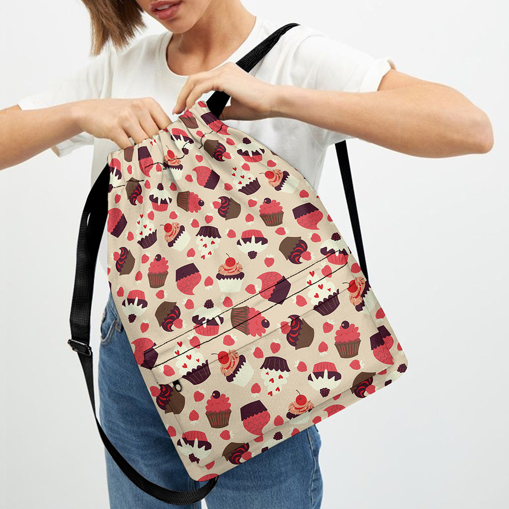 Vintage Cupcake Pattern Print Drawstring Backpack