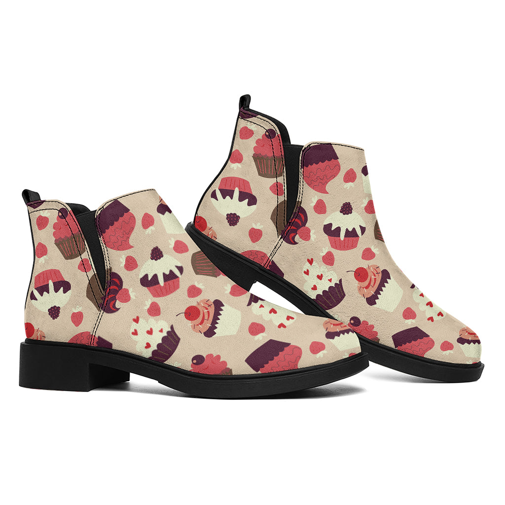 Vintage Cupcake Pattern Print Flat Ankle Boots