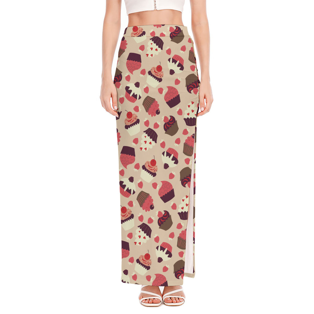 Vintage Cupcake Pattern Print High Slit Maxi Skirt