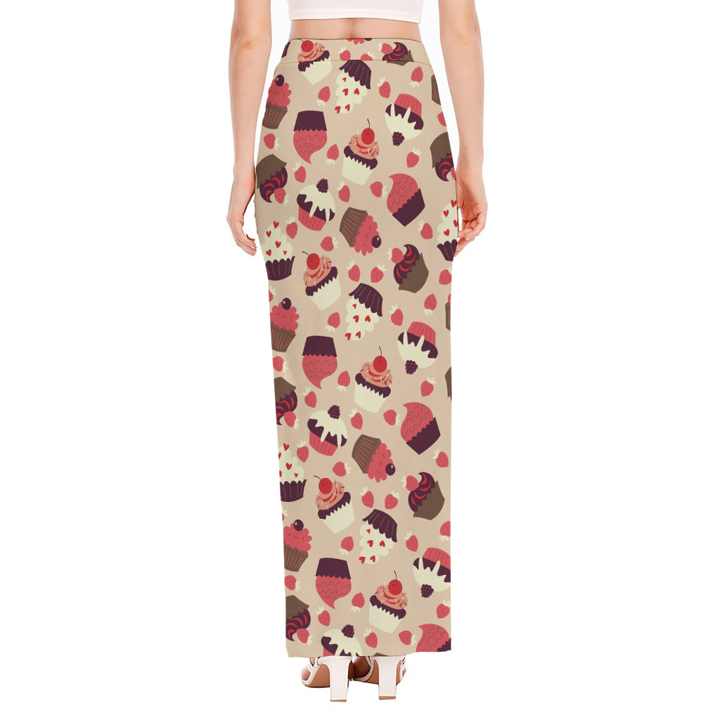 Vintage Cupcake Pattern Print High Slit Maxi Skirt