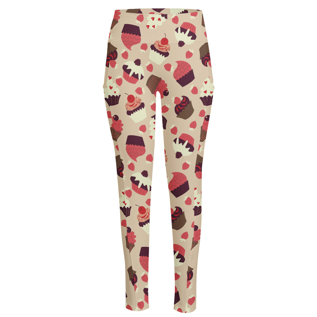 Vintage Cupcake Pattern Print High-Waisted Pocket Leggings