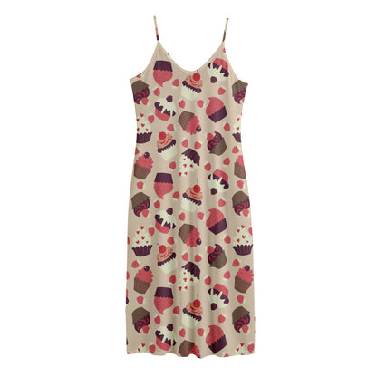 Vintage Cupcake Pattern Print Jersey Midi Cami Dress