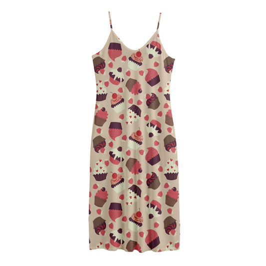 Vintage Cupcake Pattern Print Jersey Midi Cami Dress