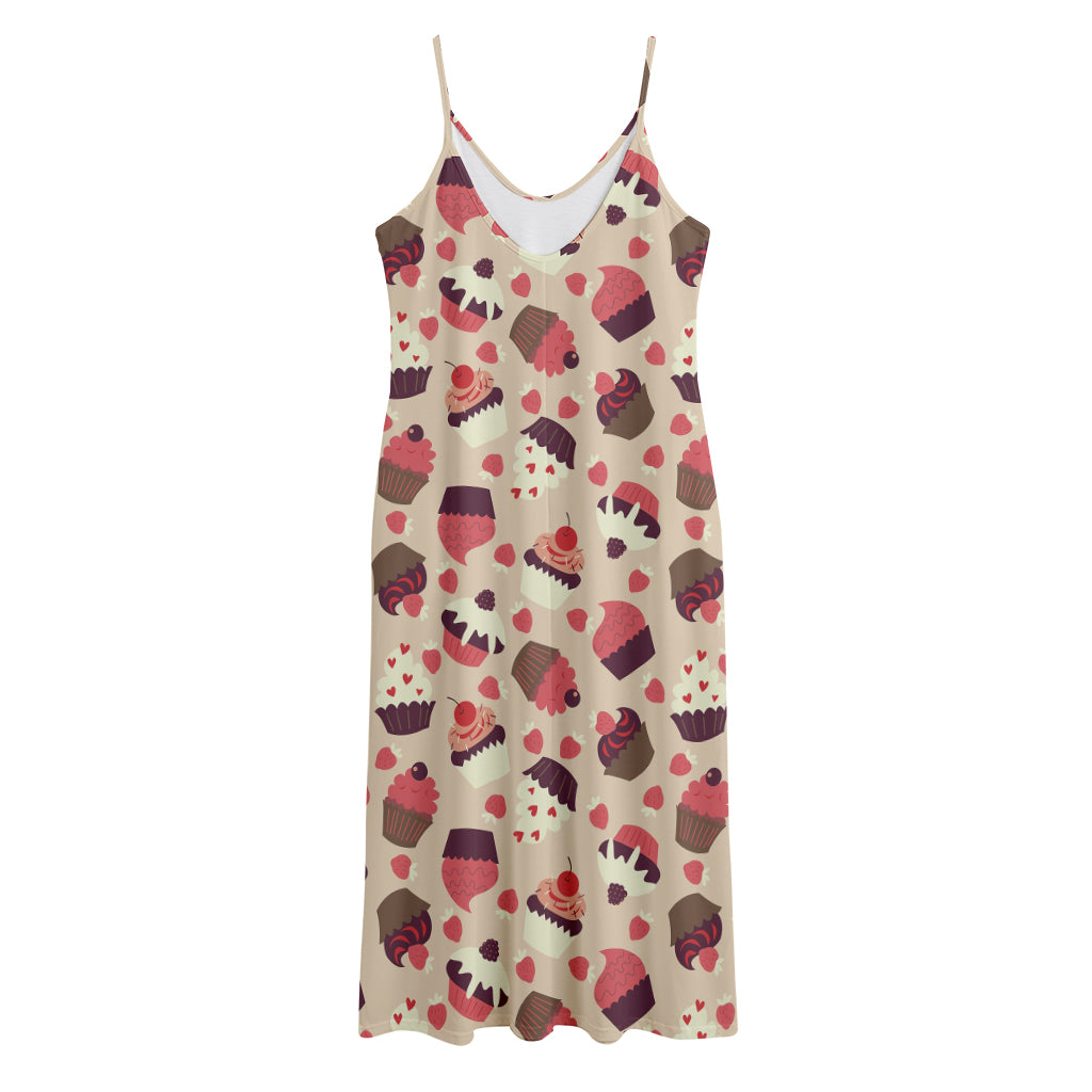 Vintage Cupcake Pattern Print Jersey Midi Cami Dress