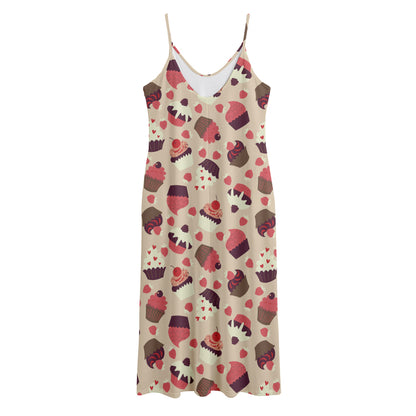 Vintage Cupcake Pattern Print Jersey Midi Cami Dress