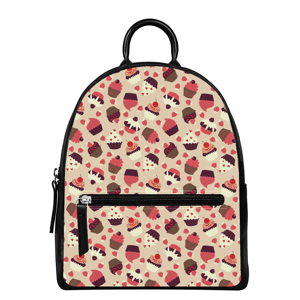 Vintage Cupcake Pattern Print Leather Backpack