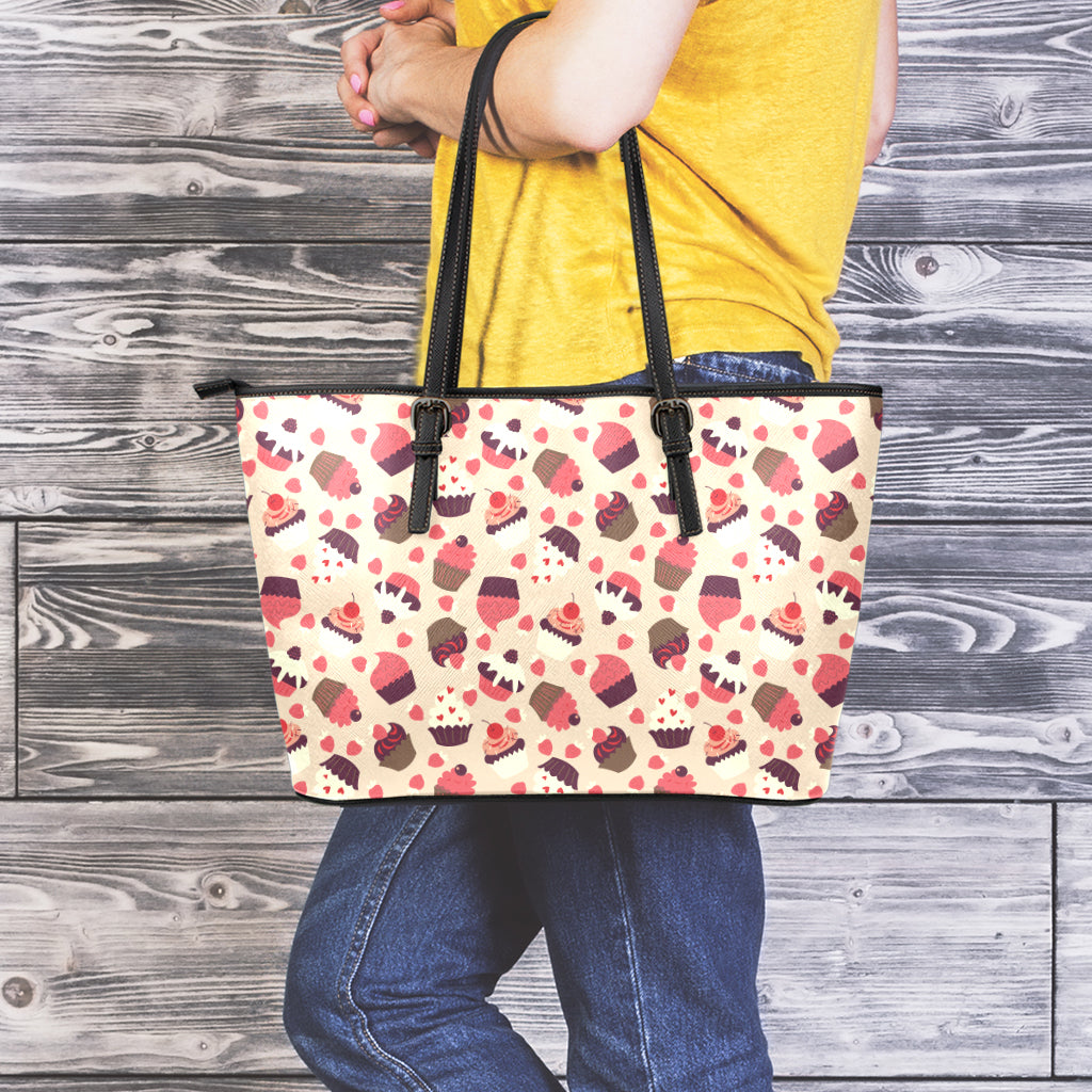 Vintage Cupcake Pattern Print Leather Tote Bag