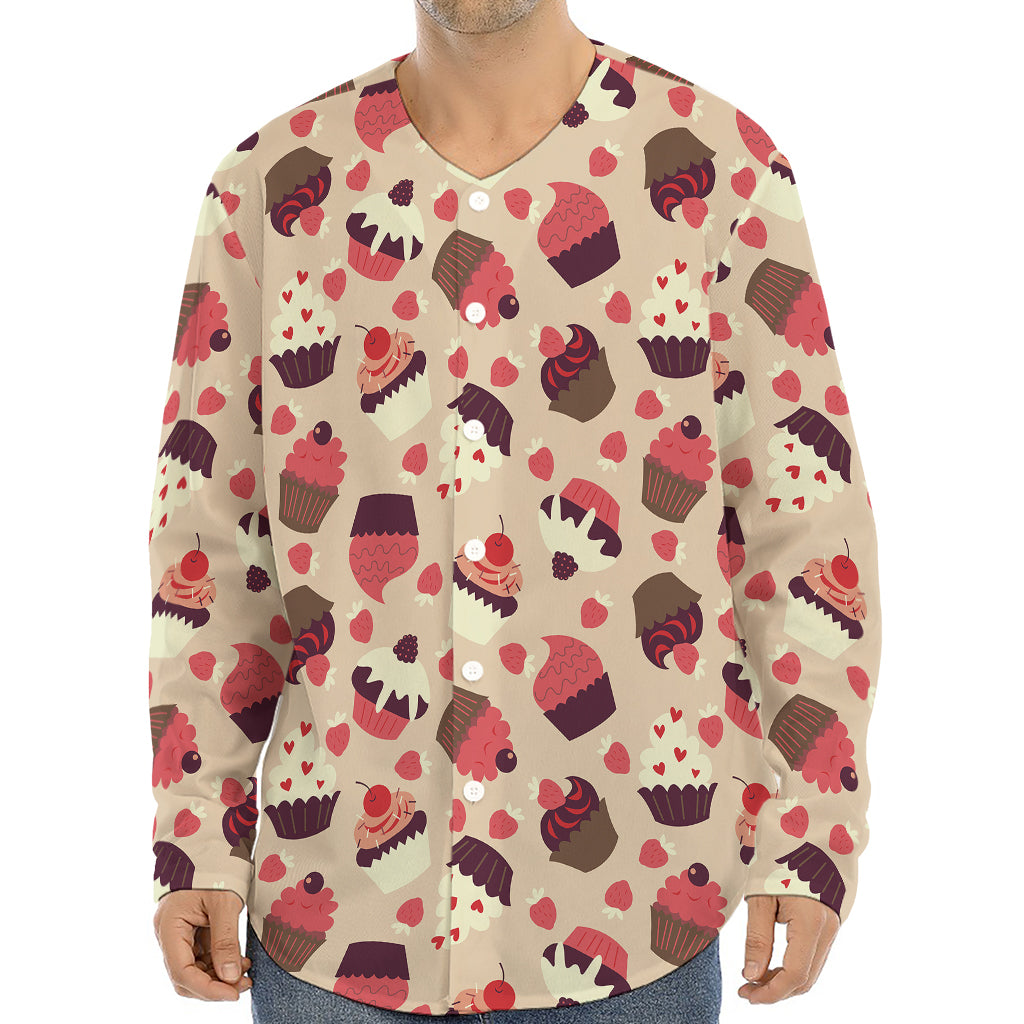 Vintage Cupcake Pattern Print Long Sleeve Baseball Jersey