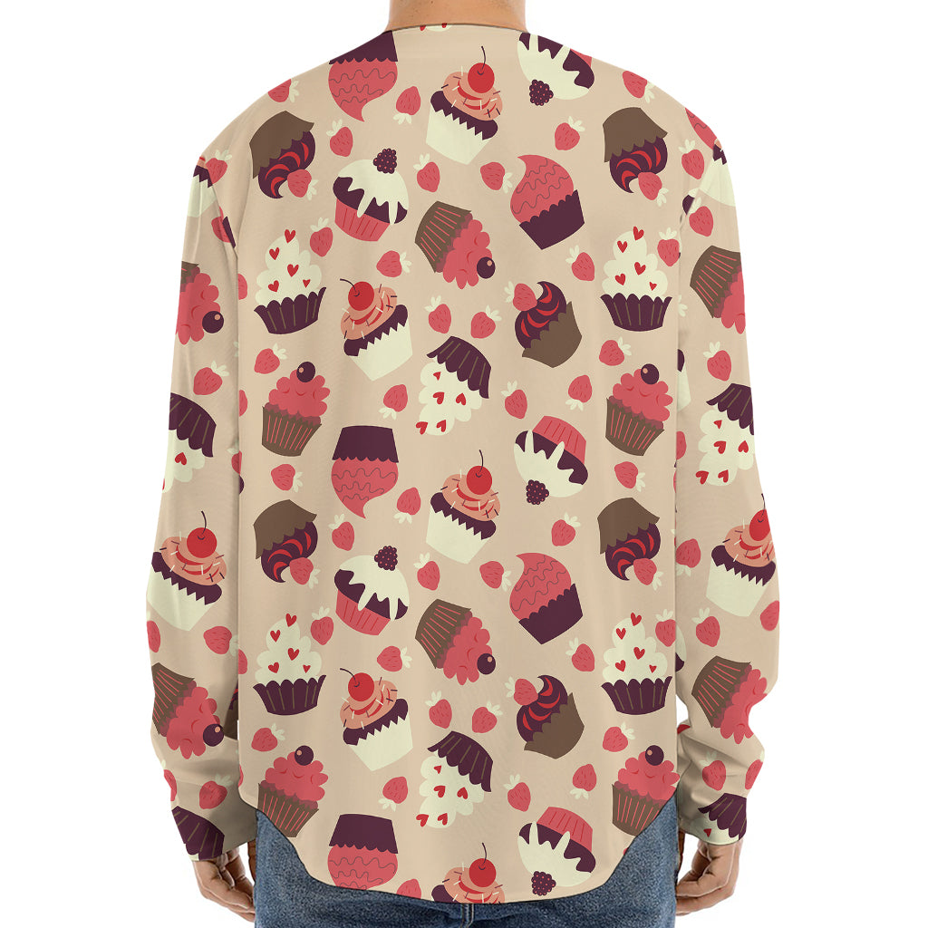 Vintage Cupcake Pattern Print Long Sleeve Baseball Jersey