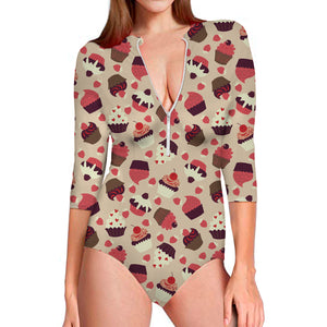 Vintage Cupcake Pattern Print Long Sleeve Swimsuit