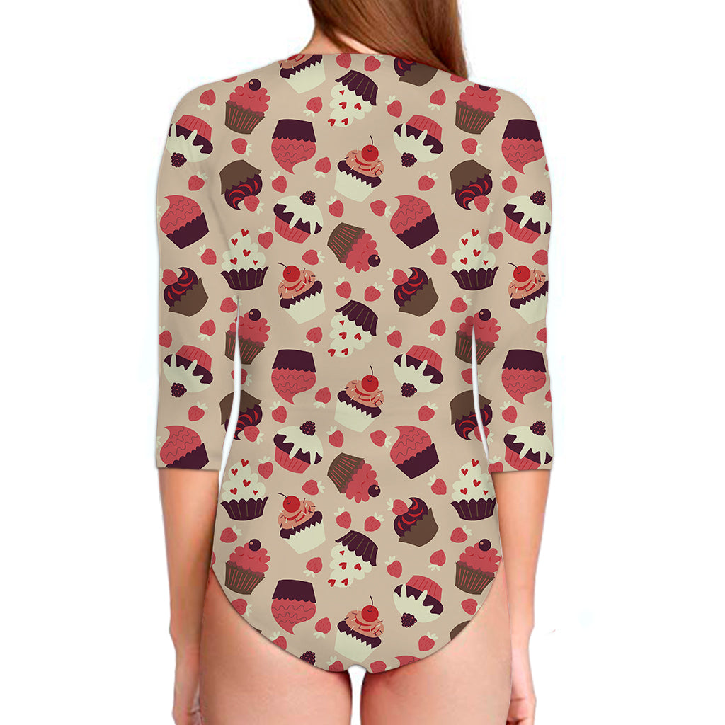 Vintage Cupcake Pattern Print Long Sleeve Swimsuit