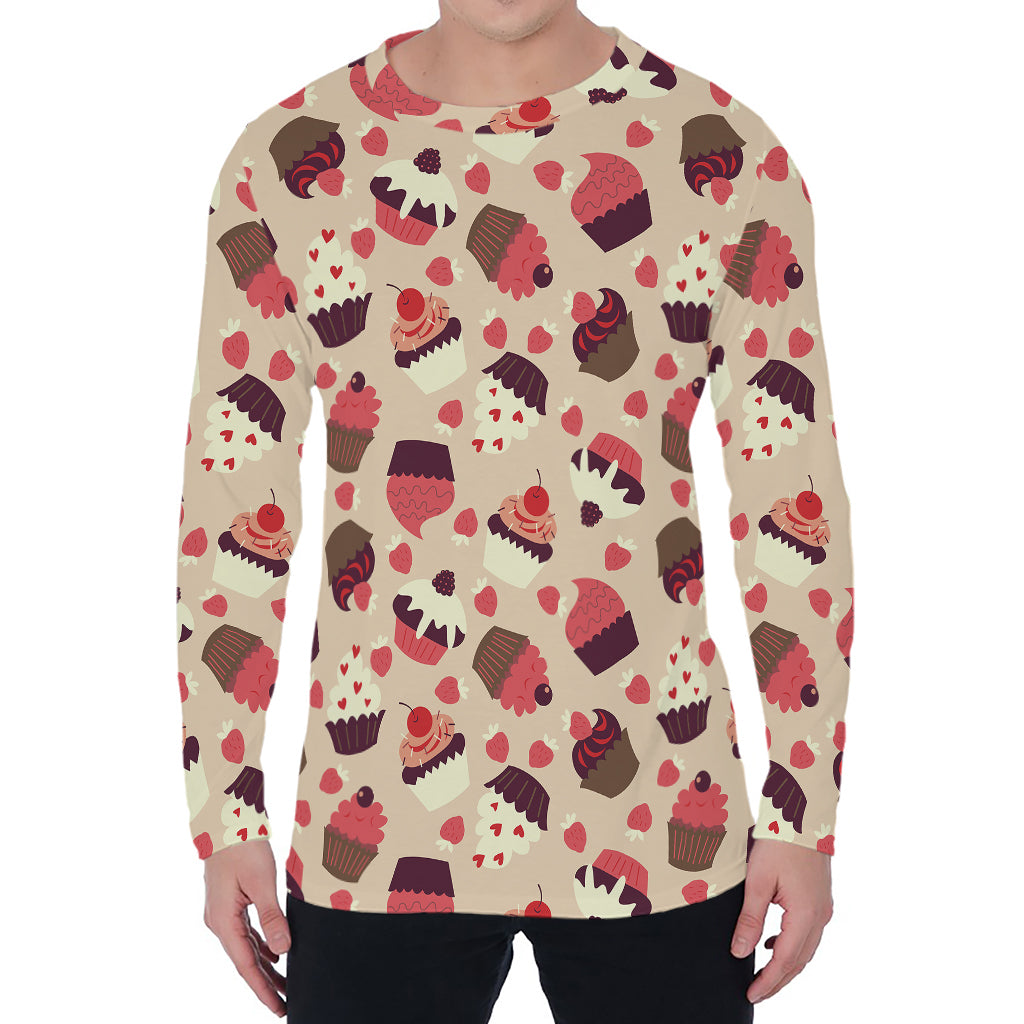Vintage Cupcake Pattern Print Men's Long Sleeve T-Shirt
