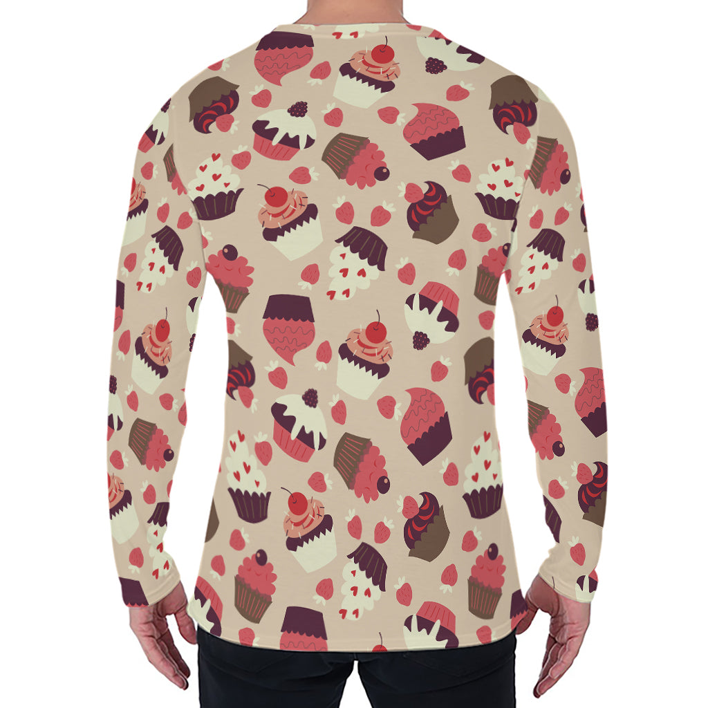 Vintage Cupcake Pattern Print Men's Long Sleeve T-Shirt