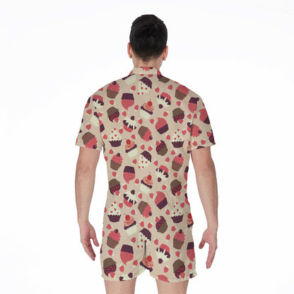 Vintage Cupcake Pattern Print Men's Rompers