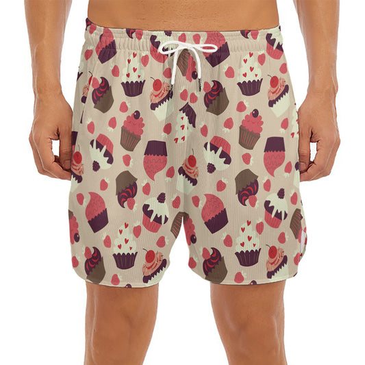 Vintage Cupcake Pattern Print Men's Split Running Shorts