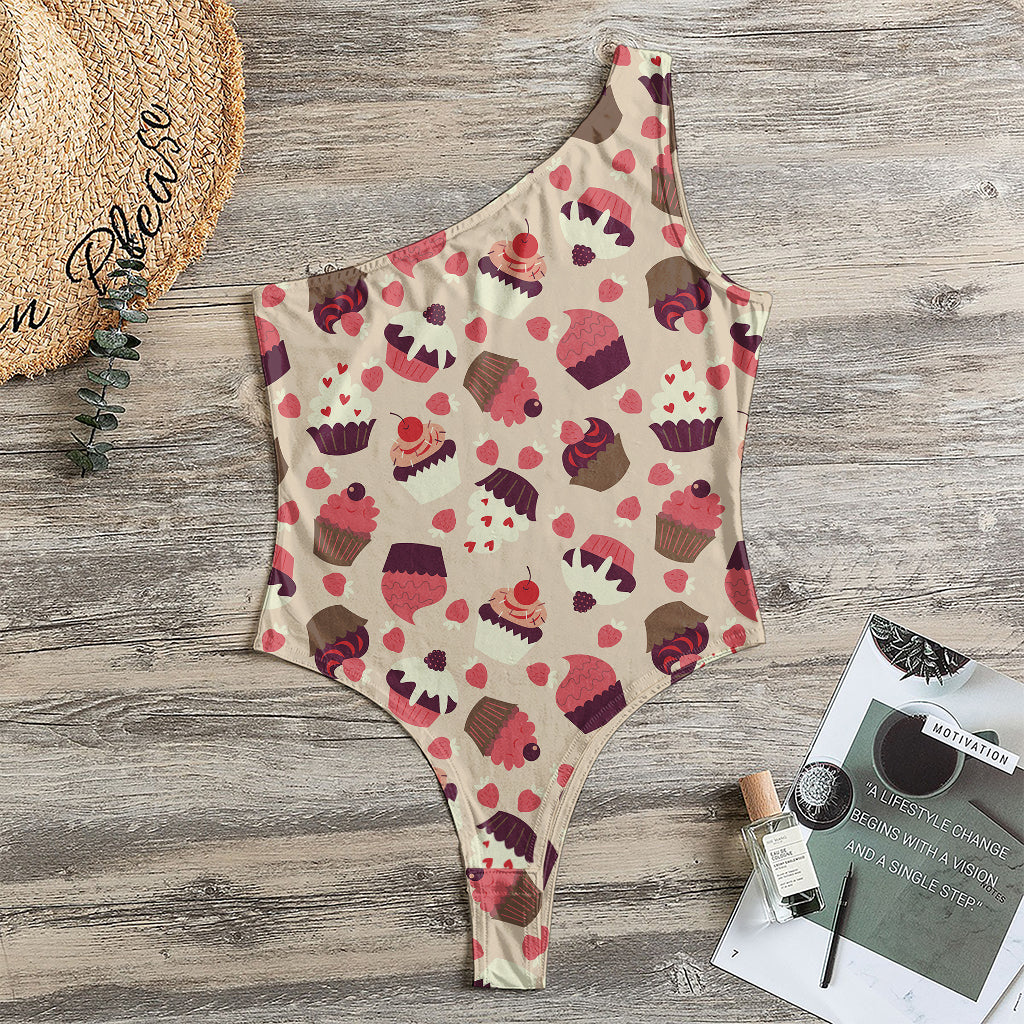Vintage Cupcake Pattern Print One Shoulder Bodysuit