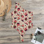 Vintage Cupcake Pattern Print One Shoulder Bodysuit