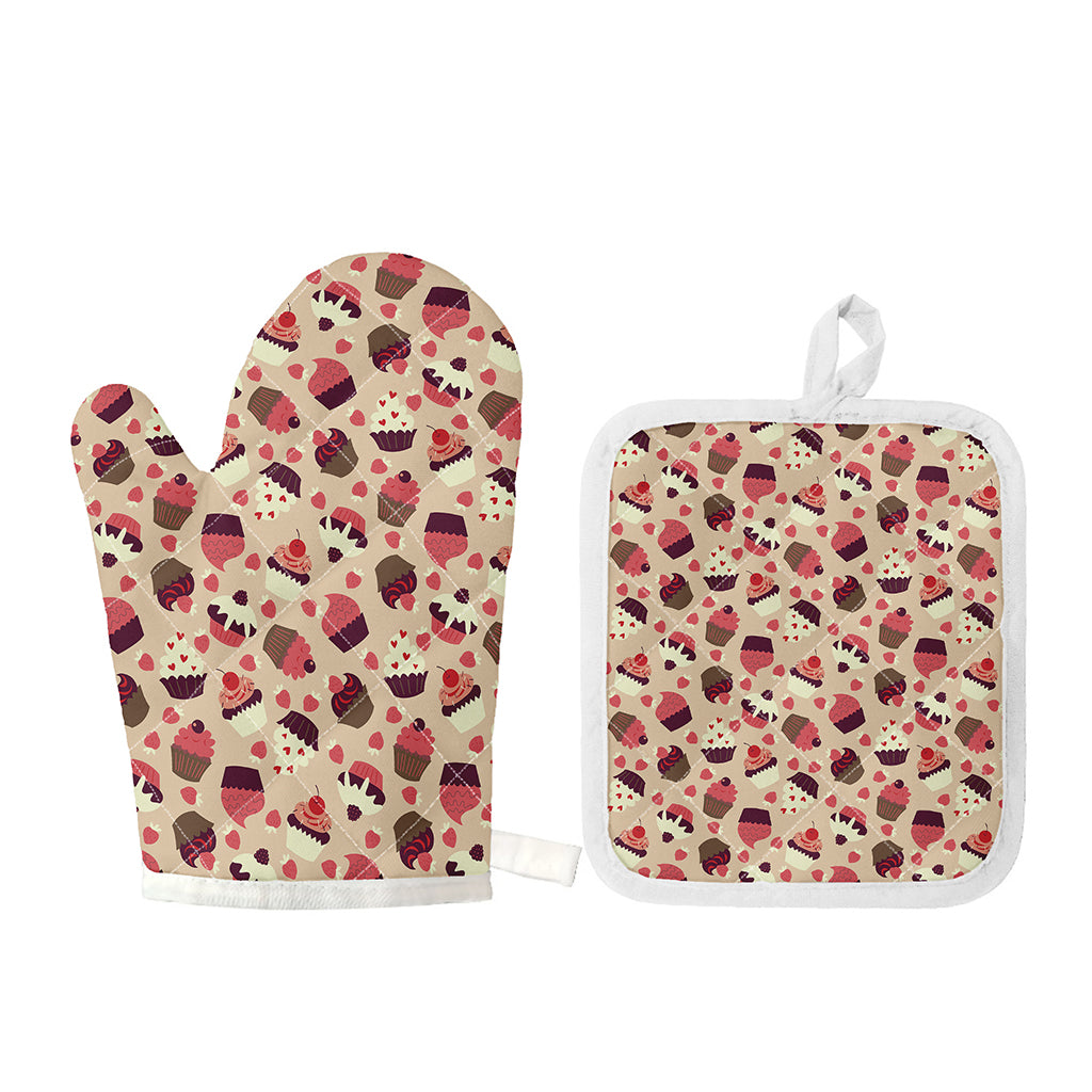 Vintage Cupcake Pattern Print Oven Mitt And Pot Holder Set