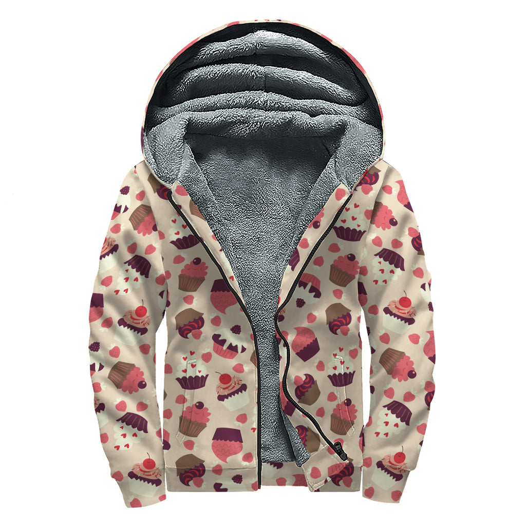 Vintage Cupcake Pattern Print Sherpa Lined Zip Up Hoodie