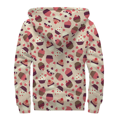 Vintage Cupcake Pattern Print Sherpa Lined Zip Up Hoodie