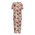 Vintage Cupcake Pattern Print Short Sleeve Long Nightdress