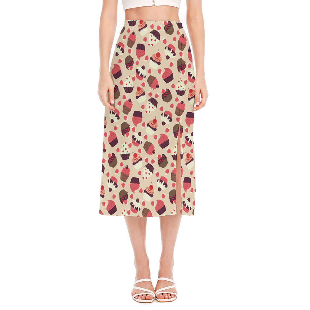 Vintage Cupcake Pattern Print Side Slit Midi Skirt