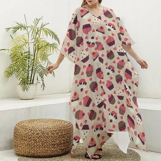 Vintage Cupcake Pattern Print Silk V-Neck Kaftan Dress