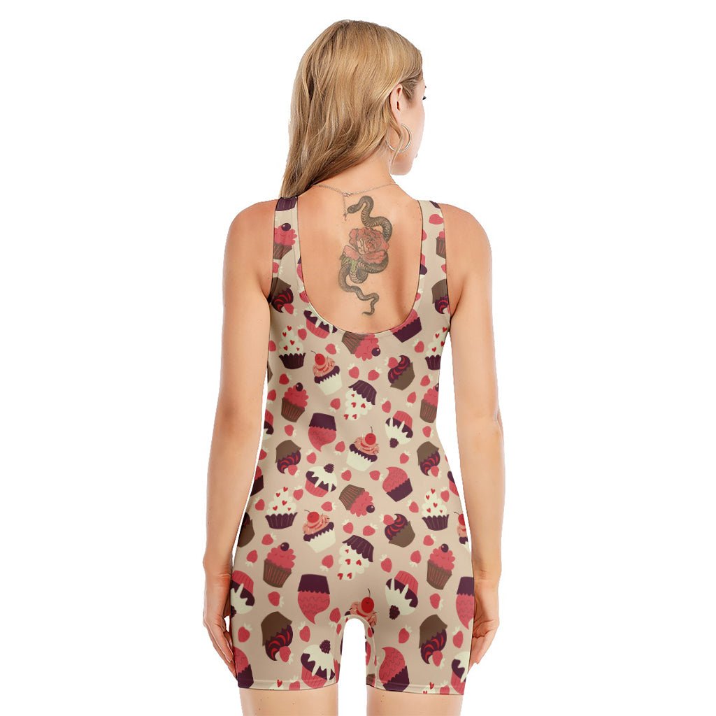 Vintage Cupcake Pattern Print Sleeveless One Piece Swimsuit