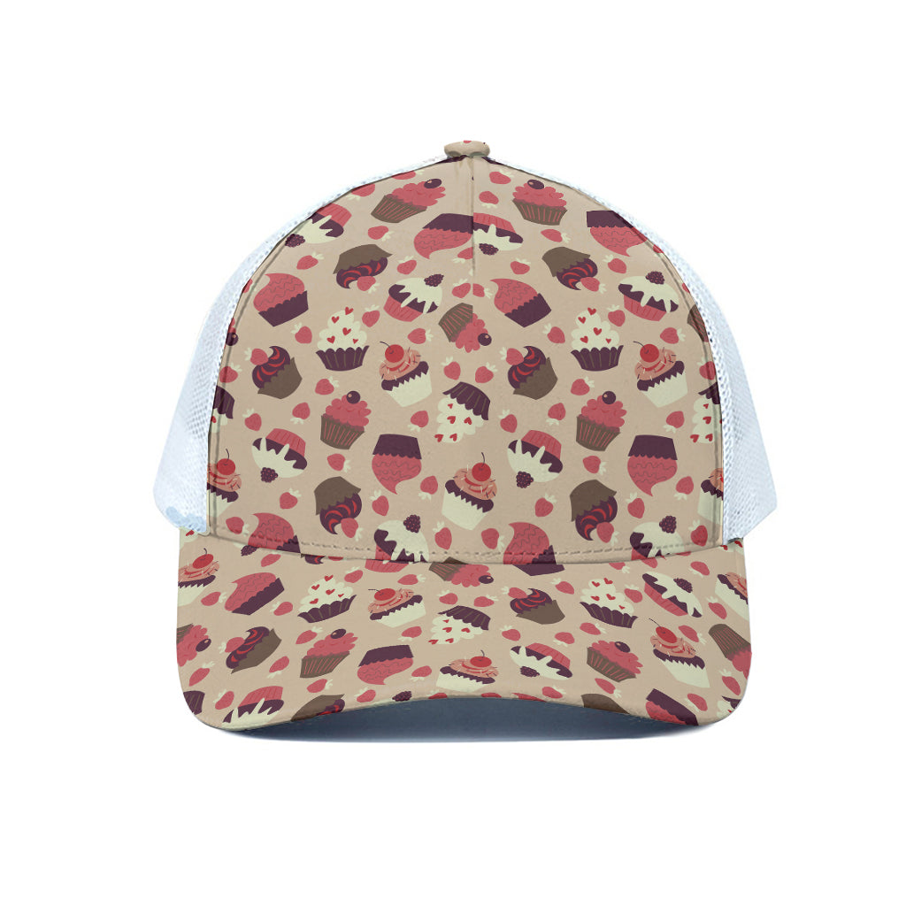 Vintage Cupcake Pattern Print White Mesh Trucker Cap