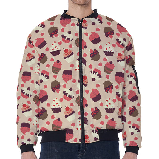 Vintage Cupcake Pattern Print Zip Sleeve Bomber Jacket