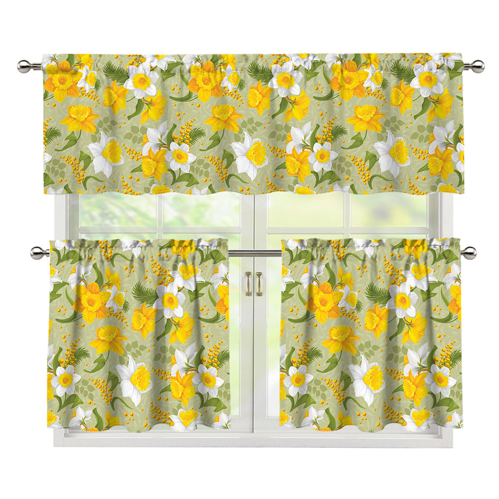 Vintage Daffodil Flower Pattern Print 3 Piece Kitchen Curtains