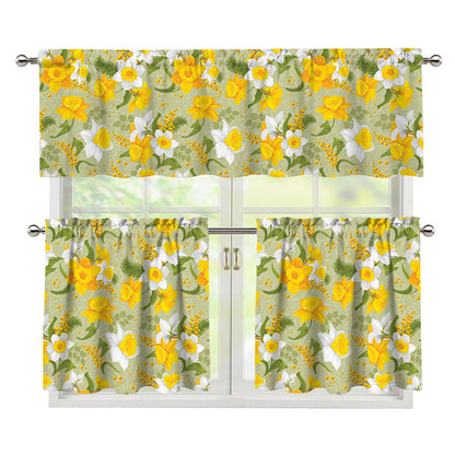 Vintage Daffodil Flower Pattern Print 3 Piece Kitchen Curtains