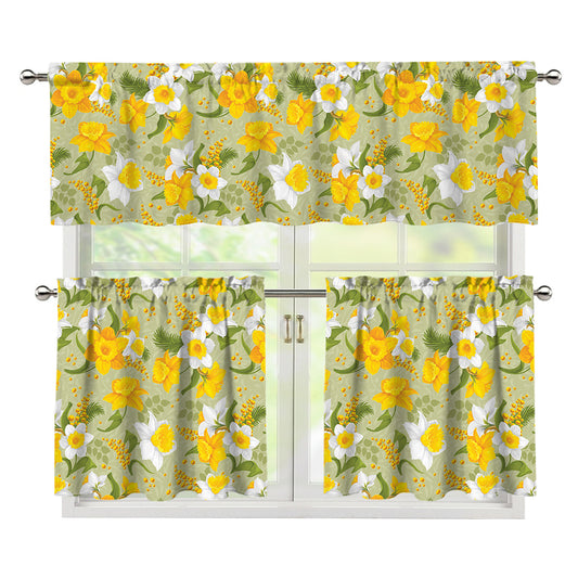 Vintage Daffodil Flower Pattern Print 3 Piece Kitchen Curtains