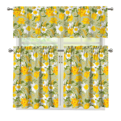 Vintage Daffodil Flower Pattern Print 3 Piece Kitchen Curtains