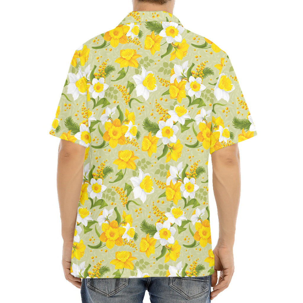 Vintage Daffodil Flower Pattern Print Aloha Shirt