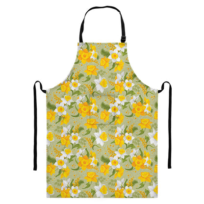 Vintage Daffodil Flower Pattern Print Bib Apron With Pocket