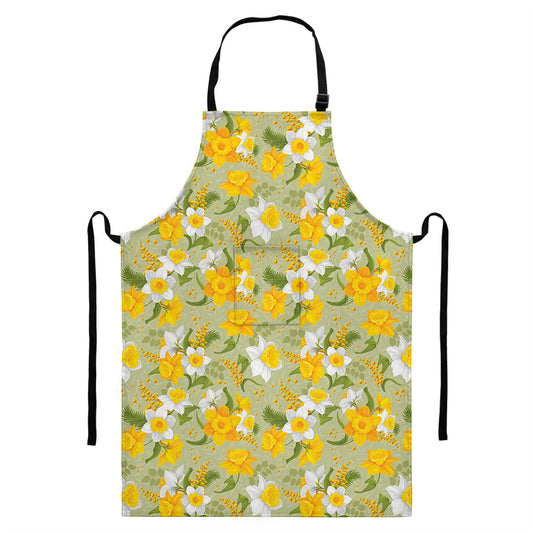 Vintage Daffodil Flower Pattern Print Bib Apron With Pocket