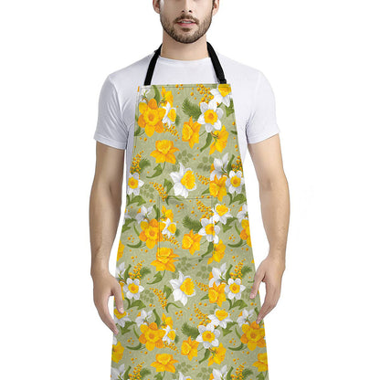 Vintage Daffodil Flower Pattern Print Bib Apron With Pocket